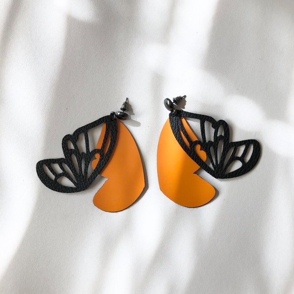Handmade Orange Layered Butterfly Wings Earrings - Picture 2 of 3